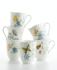 Mix and match four different floral and butterfly patterns to create a unique customized dining experience. In dishwasher-safe bone china. 12oz. capacity.