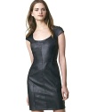 Walk, strut, dance...this form-fitting party-bound dress looks like leather but feels even softer.