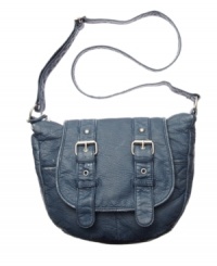 Well worn: The textured, washed material of American Rag's Taryn foldover crossbody bag conveys a lived in look and a cool, casually chic vibe. With decorative buckle hardware detailing, it includes an adjustable strap and magnetic snap closure.