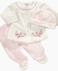 Doll up your dainty girl in this lovely shirt, pant and beanie 3-piece set from Little Me.