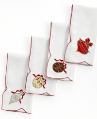 All the trimmings. Prepare for a jolly-good time with Holiday Ornaments napkins, featuring simple white linens festooned with colorful ornaments and a scalloped edge.