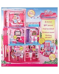 The Barbie® Dreamhouse™ is the ultimate luxury home, and now it's newly renovated with fab pink columns on glamorous photo-real wallpaper. Three fabulous stories include an elevator, lights and sounds.