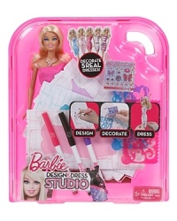 The Barbie® Design & Dress Studio™ allows girls to design real fashions for Barbie® doll. Girls choose a dress to decorate, color and embellish it using stencils and fabric marker, then tear away the paper frame to create a one-of-a-kind real outfit for Barbie® doll!