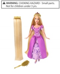 Beautiful Rapunzel wears her signature purple gown from the movie Tangled and has beautiful golden hair that touches the ground!