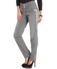 Grey is the new black! These skinny-leg jeans from Style&co. feature a chic scroll design at the side and a streamlined pocketless back for added style.