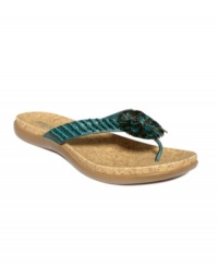 Adorably adorned. Kenneth Cole Reaction's Glam Bake thong sandals feature teeny rows of beading along the straps--an awesome backdrop for the feathery flowery detail up top.