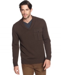 Layer up with luxury and this handsome 100% cotton, shawl-collar sweater from Marc New York.