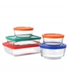 From inception to production, your food and ingredients can live in Pyrex's storage set, non-porous containers with easy-stack lids that can be used in baking, microwaving, serving and storage.  Each size container features a colored lid that makes it easy to spot and organize. 2-year limited warranty.