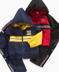 Everyone will be a fan of this sporty baby boy's hooded windbreaker and pants set by Mick Mack.