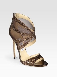 Glitter-encrusted metallic leather straps surrounded by semi-sheer mesh. Self-covered heel, 5 (125mm)Glitter-coated metallic leather and mesh upperExposed back zipperLeather lining and solePadded insoleMade in ItalyOUR FIT MODEL RECOMMENDS ordering one size up as this style runs small. 