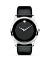 Men's Movado Museum Classic® watch in solid stainless steel with black Museum dial and black calf skin strap.