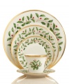 What finer things can there be than this? Exquisite Lenox china with 24-karat gold detailing, the classic Holiday place settings include: 1 dinner plate, 1 salad plate, 1 bread and butter plate, 1 cup and saucer. You'll be glad to know the set is also dishwasher safe.