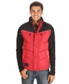 With a color block design and a no-bulk warm fit, this Marc Ecko Cut & Sew vest will keep you trendy and toasty.