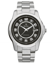 Jet black and stainless steel by Bulova make for the ultimate gentleman's timepiece. This Precisionist collection watch is touted to be the world's most accurate...to ten seconds a year. Round stainless steel case and bracelet. Patterned black dial with applied index features silvertone numerals at markers, date window at three o'clock, luminous silvertone hands and logo. Quartz movement. Water resistant to 30 meters. Three-year limited warranty.