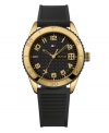 Bring drama to the game with this bold and durable watch by Tommy Hilfiger. Ribbed black silicone strap and round gold ion-plated stainless steel case. Gold tone and black bezel etched with numerals. Logo-embossed black dial features applied gold tone numerals, minute track, three hands and flag logo. Quartz movement. Water resistant to 30 meters. Ten-year limited warranty.