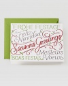 Christmas is the same in all languages, as shown by this cheery card boasting greetings in a variety of languages and bright, seasonal colors. Set of 10 cards4.5 X 5.81Made in USA