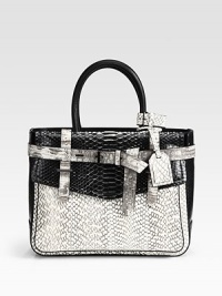 Structured python, cobra and tejus silhouette with a wrap-around belt and tailored accents. Double top handles, 5½ dropFront flap pocketBack pocket with snap closureTwo inside zip pocketsTwo inside open pocketsCotton lining12¾W X 10H X 4DImported