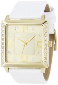 FCUK Women's FC1048GG White Leather Strap Square Gold-tone Leather Strap Watch