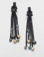 From the Chain Collection. A long elegant, blackened sterling silver box chain tassel with 18k gold, blue topaz and hematite bead details. 18k goldBlue topaz and hematiteBlackened sterling silverLength, about 1Post backImported 