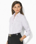 Plus size fashion with classic appeal. This timeless Aaron shirt from Lauren by Ralph Lauren's collection of plus size clothes features slim stripes and is rendered in smooth wrinkle-resistant cotton for easy style.