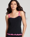 Ruffled pops of color define Gottex's popular, not-so-basic black tankini top, so perfect with a variety of coordinating bottoms or the swim skirt.