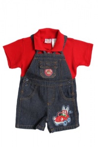 Baby Togs Infant Baby Boys 2 Piece Red Shirt and Denim Shorts Overalls Set