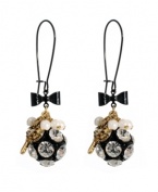 Dare to be dramatic. Bold drop earrings by Betsey Johnson combine sparkling crystal-coated fireballs, mini key and glass stone charms with black ribbon accents. Crafted in gold tone and black-plated mixed metal. Approximate drop: 2-1/2 inches.