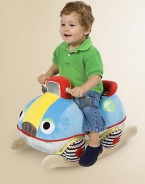 Put the pedal to the metal and rock on this soft, colorful, smiling, chubby stuffed car that sits atop a solid wooden rocker frame.About 16H X 13D X 24LSuitable for ages 1 year and upImported