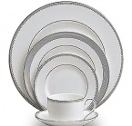 A beautiful collection for formal dining in white fine bone china with delicate platinum-hued rim accents.