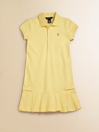 Flirty box pleats detail the hem of this chic drop-waist silhouette with button tab detail. Polo collar Short sleeves Banded cuffs Button down placket Embroidered logo pony at chest Button-through tabs at sides Box pleated hem Drop-waist 98% cotton/2% elastane Machine wash Imported 