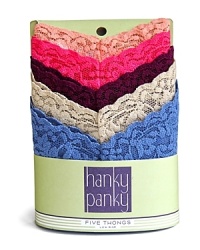 A five pack of Hanky Panky's signature soft stretchy original thong threaded with ultra-thin elastic fibers that provide hip-hugging support.