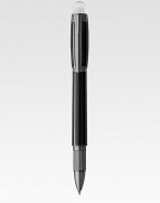 Fineliner with spring mechanism at tip, with barrel and cap made of precious resin and floating logo emblem.FinelinerUses Midnight Black refillsRuthenium-plated clipResin with inlaid logo emblemAbout 5½ longMade in Germany