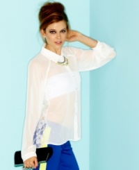 The starchy button-down gets a youthful upgrade with sheer fabric, a lace back and cool, high-low hem! From 6 Degrees.