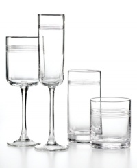 Add a splash of fresh modern to casual tables with Concentrix glassware. This set of minimalist highball glasses engraved with three simple bands adds ultra-cool style to whatever you're sipping.