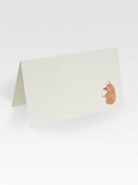 Tented place cards featuring the 'Pig That Ate Roast Beef' motif engraved in bronze metallic ink.Set of 12About 2.25 X 3.25Hand-engravedMade in USA