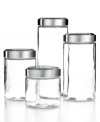 Freshen up. Transform your kitchen with these smart canisters that bring new life to snacks, ingredients and other cooking essentials by trapping in freshness and keeping out moisture and air. An attractive accent for your countertop or pantry, each glass jar has a stainless steel screw-top lid. Limited lifetime warranty.