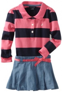 Nautica Sportswear Kids Girls 2-6X Long Sleeve Striped Rugby Top With Chambray Skirt Attached, Medium Pink, 2T