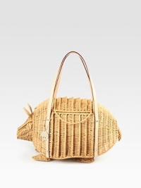 A spring-ready design of woven wicker forms this playful armadillo shape. Double leather top handles, 8 dropFlap to closureOne inside zip pocketOne inside open pocketCotton lining12½W X 6¾H X 5½DImported