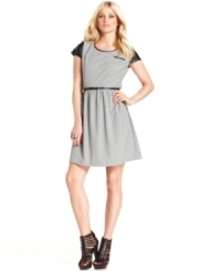 Faux-leather trim and an exposed zipper adds edge to this otherwise sweet Kensie dress!