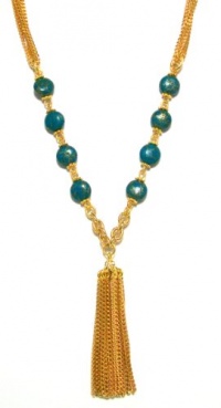 Rachel Reinhardt Kate 14k Gold Plated Multi-Chain Necklace with Gold Veined Turquoise Beads and Gold Tassel