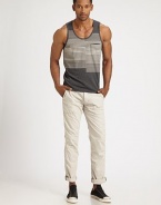 A basic striped tank gets an innovative update with engineered stripes and a simple patch pocket, in a soft poly cotton blend.Scoop neckChest patch pocket50% polyester/38% cotton/12% modalMachine washImported