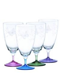 Etched with butterflies and blooms, this set of Butterfly Meadow all-purpose drinking glasses gives everyday meals a whimsical lift. With tinted blue, purple, green or pink stems for a splash of color.