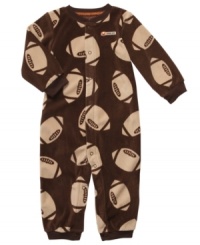 Getting baby dressed is a snap in this super soft football print microfleece jump suit from Carter's.