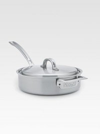 An elegant, professional-grade saute pan is manufactured with exclusive multi-ply construction, a specially designed combination of stainless steel and aluminum alloys for lifetime performance, durability, easy cleanup and even heat distribution.Lid includedErgonomic handle constructed of investment-cast stainless steel with stay-cool vent designIncludes 18/10 stainless steel cooking surface, aluminum alloy core