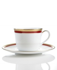 An instant classic, the Red Rim cup and saucer combine bands of holiday red and filigree-patterned gold in elegant white porcelain. Layer with Charter Club's Grand Buffet Classic Gold and Holly Berry dinnerware.