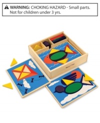 A perfect first manipulative! Five two-sided wooden pattern boards with ten designs feature recessed spaces for secure shape placement. Brightly colored geometric shapes complete the pictures and can also be used for color and shape matching activities. Everything stores neatly in the sturdy wooden storage box.