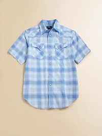 A plaid cotton poplin shirt is crafted for an authentic Western look in a short-sleeved silhouette.Straight point collarShort sleevesButton frontReinforced crested front and back yokeSnap-patch pocketsRounded shirttail hemCottonMachine washImported Please note: Number of buttons may vary depending on size ordered. 