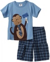 Mulberribush Boys 2-7 Monkey Business-Applique Set With Plaid 4 Pocket Cargo Short, Storm, 7