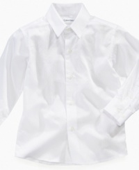 A tonal stripe pattern makes this Calvin Klein button-up shirt a subtly unique look.