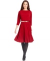 Alfani's petite dress is ready for fall with three-quarter sleeves, a waist-cinching belt and fully pleated skirt.